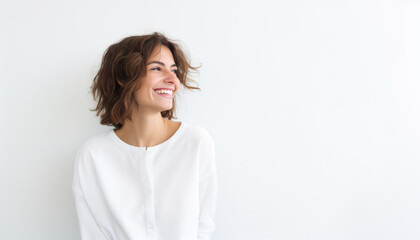 Obraz premium Isolated Studio Portrait of a Cheerful Woman, Her Closeup Revealing the True Essence of Happiness and Beauty