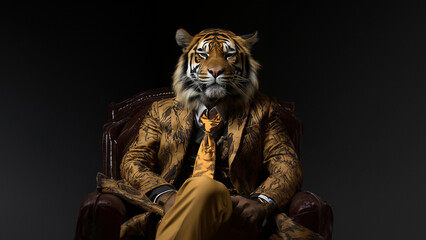 Tiger Cartoon Tiere als Geschäftsmann im Anzug verkleidet schaut cool in die Kamera im Querformat für Banner und Poster, ai generativ