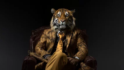 Foto auf Leinwand Tiger Cartoon Tiere als Geschäftsmann im Anzug verkleidet schaut cool in die Kamera im Querformat für Banner und Poster, ai generativ © www.freund-foto.de