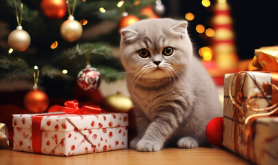 Adorable scottish fold cat with gifts and presents under Christmas tree