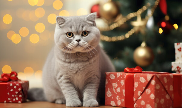 Adorable scottish fold cat with gifts and presents under Christmas tree