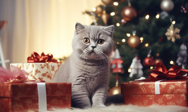 Adorable scottish fold cat with gifts and presents under Christmas tree