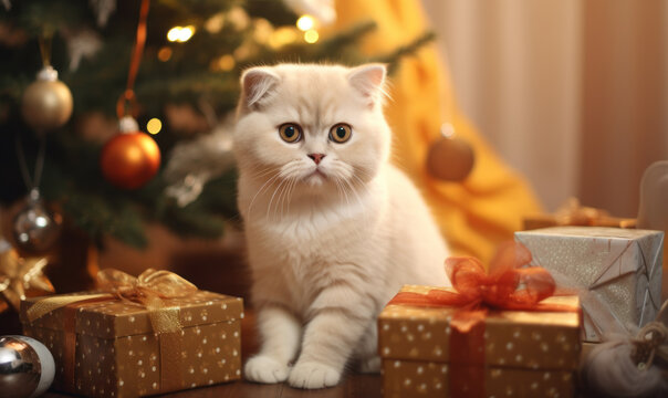 Adorable scottish fold cat with gifts and presents under Christmas tree