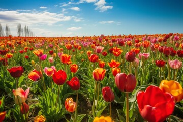 a vibrant meadow with blooming tulips. Generative AI