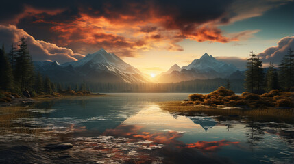 Beautiful landscape nature view sunrise morning with reflections light over water. Generative ai