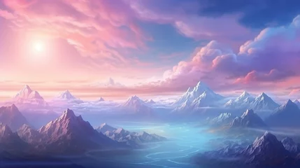 Foto op Plexiglas Beautiful landscape of fantasy mountain and pastel sky background © Witri