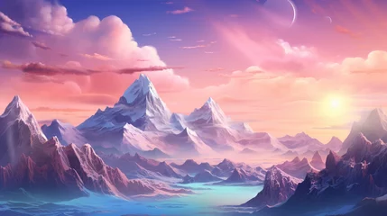 Gordijnen Beautiful landscape of fantasy mountain and pastel sky background © Witri