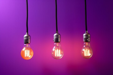 Three light bulbs hanging from a wall with purple background and a foreground, with another bulb. Generative AI