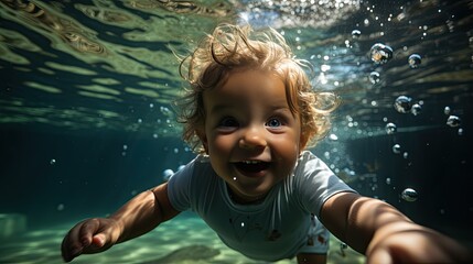 An exuberant toddler with curly blonde hair floats underwater, reaching out with one hand, radiant blue eyes are wide open, reflecting wonder and curiosity