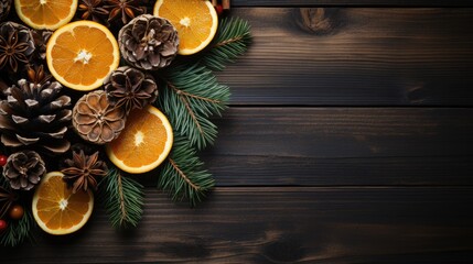 christmas decoration on wooden background, festive arrangement of orange slices, pine cones, star anise, and pine needles on a dark wooden surface. - Powered by Adobe
