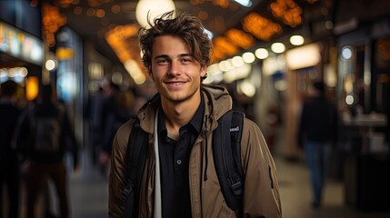 A young man with tousled hair stands in a well-lit indoor setting, possibly a shopping mall or a station. He sports a contented smile, and wears a jacket over a shirt, backpack, travel, student