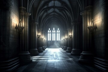 Dark hallway with Gothic architecture. Generative AI