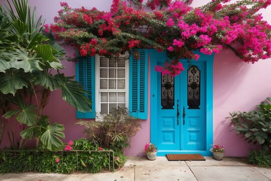 Colorful house with blue door, shutters, and pink bougainvillea at entrance. Generative AI