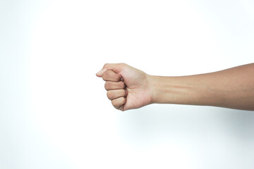 Man hand shows wrong fist gesture isolated on white background, with clipping path. Five fingers....