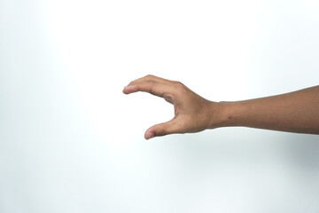 Hand making gesture while taking  something isolated. hand showing or holding something closeup. hand measuring invisible items. 