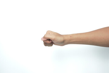 Man hand shows wrong fist gesture isolated on white background, with clipping path. Five fingers....