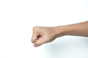 Man hand shows wrong fist gesture isolated on white background, with clipping path. Five fingers. Full Depth of field. Focus stacking