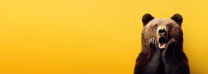 Bear looking surprised, reacting amazed, impressed, standing over yellow background - obrazy, fototapety, plakaty