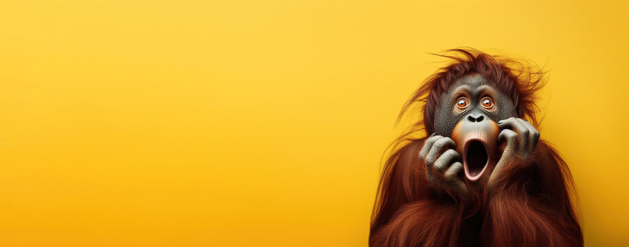 Orangutan looking surprised, reacting amazed, impressed, standing over yellow background