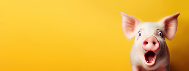 pig looking surprised, reacting amazed, impressed, standing over yellow background - obrazy, fototapety, plakaty