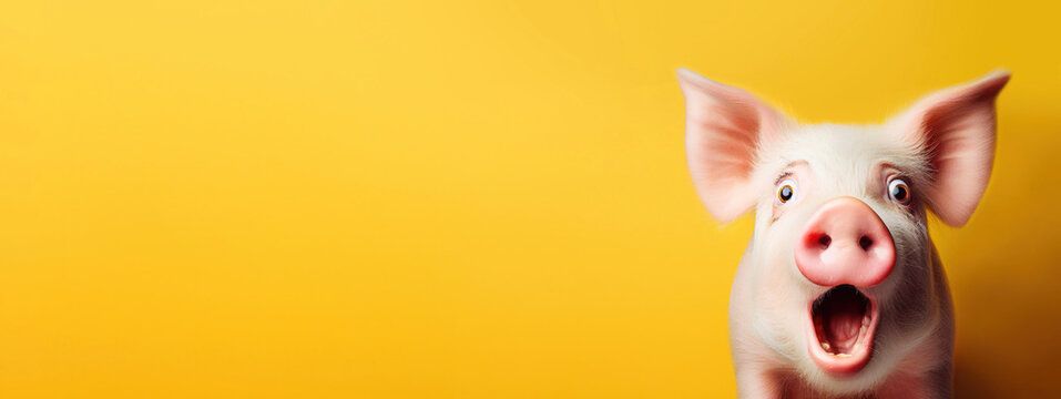 pig looking surprised, reacting amazed, impressed, standing over yellow background