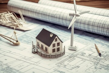 miniature house model with wind turbine toy on a blueprint paper on an architect or sales agent desk, sustainable real estate concept idea