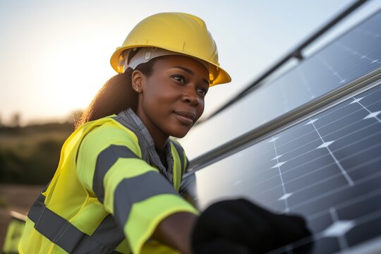 african american engineer installing a solar panel; black man professional technician person working on a sustainable alternative sun electricity energy generator with photovoltaic cells