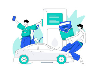 Vector internet operation hand-drawn illustration of people getting discounts for refueling the car
