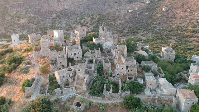 Aerial view of Vathia village against a Dramatic sunset sky. Vathia, Mani, Laconia, Peloponnese, Greece