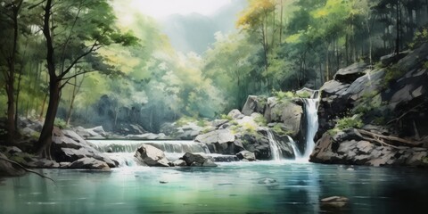 watercolor painting of waterfall, generative AI