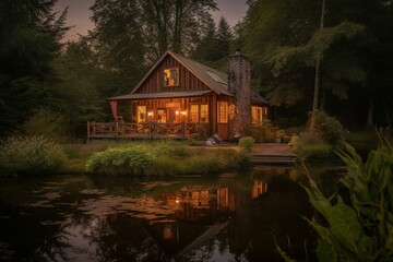 Cozy retreat amidst nature with a cabin surrounded by trees, flowing river, scenic pond, artistic decor, and enchanting light. Generative AI