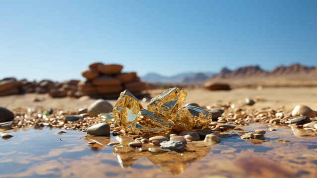 Gold Nuggets in steinigen Gew&auml;sser mit sch&ouml;ner Landschaft im Hintergrund Querformat f&uuml;r Banner, ai generativ