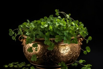 golden pot overflowing with green shamrock clover leaves on black. Generative AI