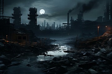 A grim industrial factory surrounded by polluted surroundings. Generative AI