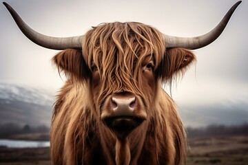 brown highland cow with horns. Generative AI