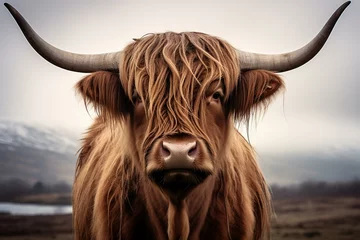 Foto op Canvas brown highland cow with horns. Generative AI © Caspian