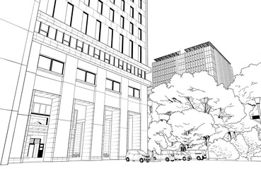 漫画風ペン画イラスト　学校_大学