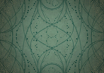 Hand-drawn abstract ornament. Dark green on light cold green background, with vignette of darker background color and splatters of golden glitter. Paper texture. A4. (pattern: p10-2a)