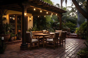 Fototapeta na wymiar An outdoor patio with earthy terracotta tiles, wooden furniture, and lush greenery. Soft string lights create a relaxing atmosphere.