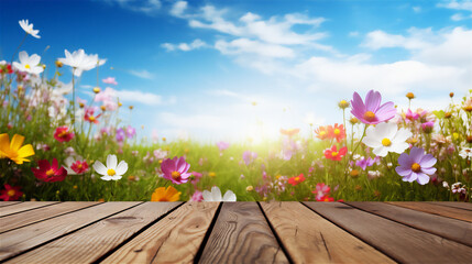 wooden background with flowers as a spring theme