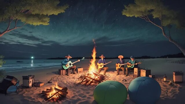 Friends around a bonfire on the beach in a dark blue toned illustration strumming and animation. Created using Generative AI Technology