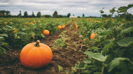 Fototapeta premium a pumpkin in the field with a blurring background on a clouding day