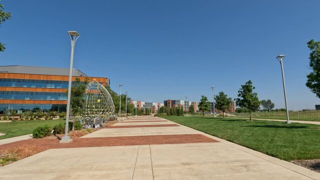 Sunny view of the Wayne and Kay Woodlsey Hall of Wichita State University