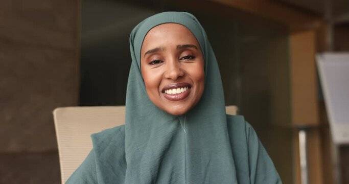 Head shot portrait beautiful young Somalian businesswoman in hijab lead on-line talk to client, provide consultation remotely using video call application, counselling, virtual meeting event, business