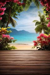 Fototapeta na wymiar outdoor plank wood floor in tropical beach scene, giant trees, grass and colorful flower, twig framing, 