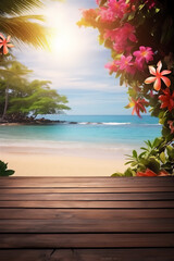 outdoor plank wood floor in tropical beach scene, giant trees, grass and colorful flower, twig framing, 