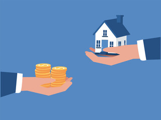 Real estate mortgage, rent, apartment sale concept. Offer to exchange house for cash money between agent and user. Human hands holding dollar coins and home property flat vector illustration.