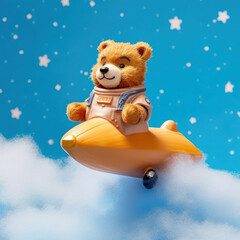 a teddy bear riding on a rocket ship
