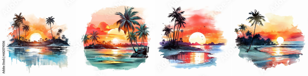 Sticker paradise palm watercolor wave relaxation sunrise silhouette reflection resort exotic drawing dusk