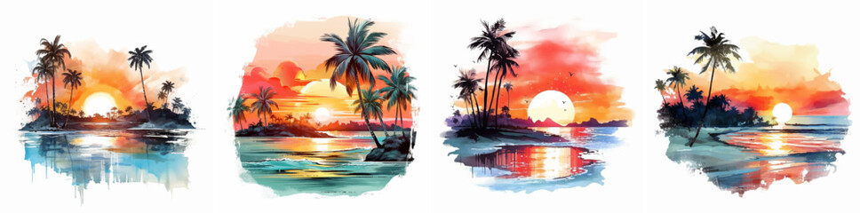 Fototapeta na wymiar paradise palm watercolor wave relaxation sunrise silhouette reflection resort exotic drawing dusk